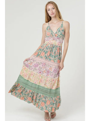 Mixed Print Lace Trim Twist-Front Maxi Dress