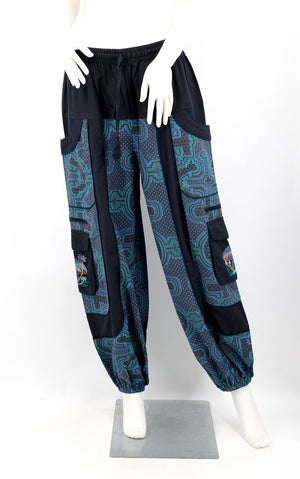 Geometric Tile Print Harem Cargo Pants with Mushroom Embroidery in Blue