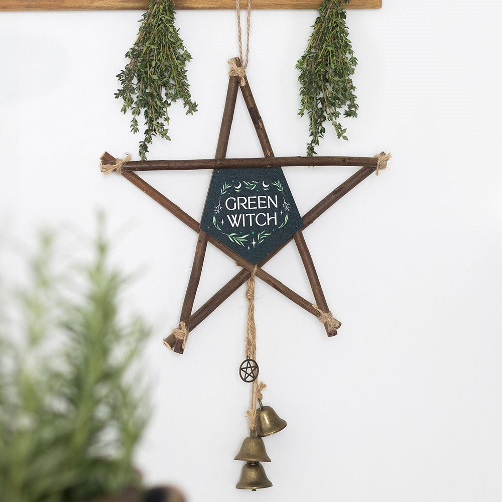 Green Witch Grapevine Pentagram Wall Hanging with Bells