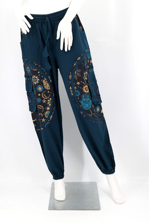 Celestial Sun & Hamsa Cargo Joggers in Teal