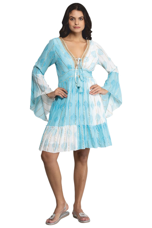 Bohemian Ruffle Tiered Mini Dress with Bell Sleeves - Turquoise