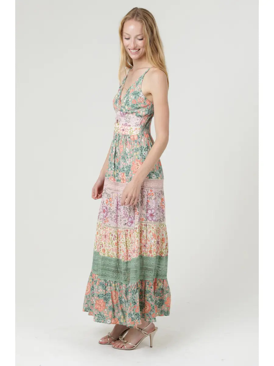 Mixed Print Lace Trim Twist-Front Maxi Dress