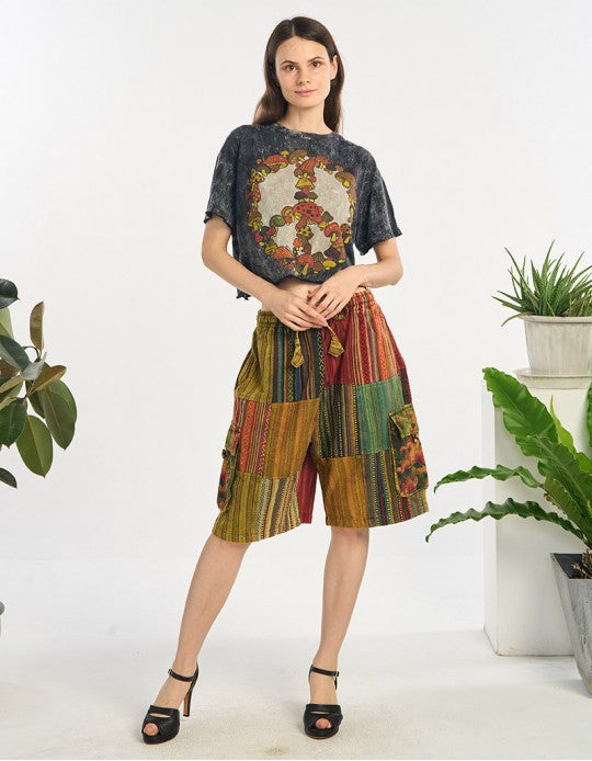 Mixed Cotton Patchwork Shorts with Tie Dyed Cargo Pockets