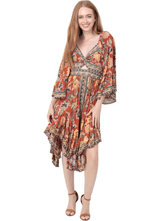 Twist Front Cutout Handkerchief Hem Boho Dress in Brown