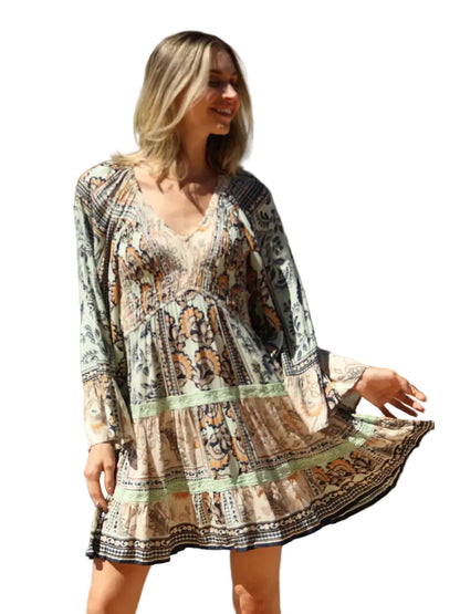 Boho Smocked V-Neck Bell Sleeve Mini Dress with Crochet Lace Trim