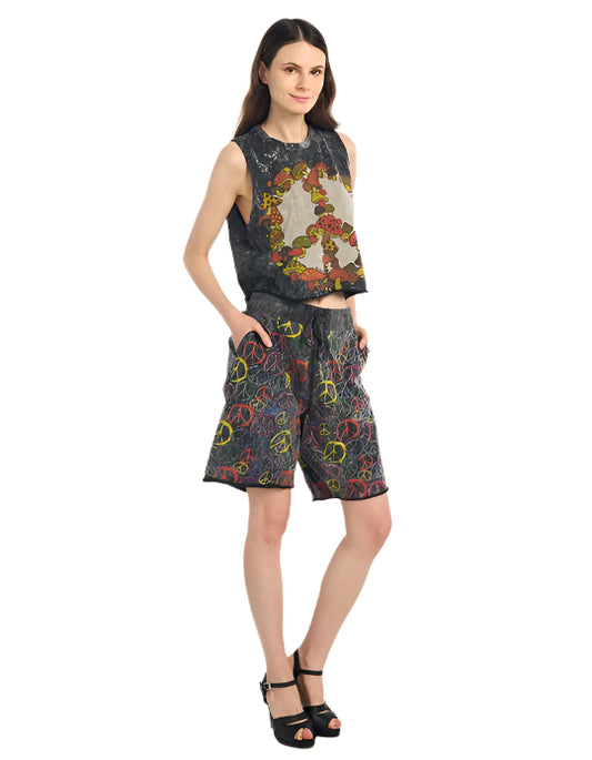 Mushroom Peace Sign Stone Wash Sleeveless Cotton Top