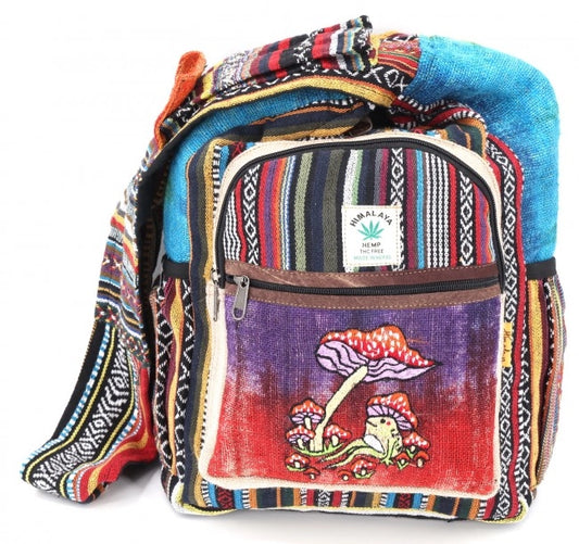 Tie Dyed Hemp Embroidered Frog and Mushroom Crossbody Bag