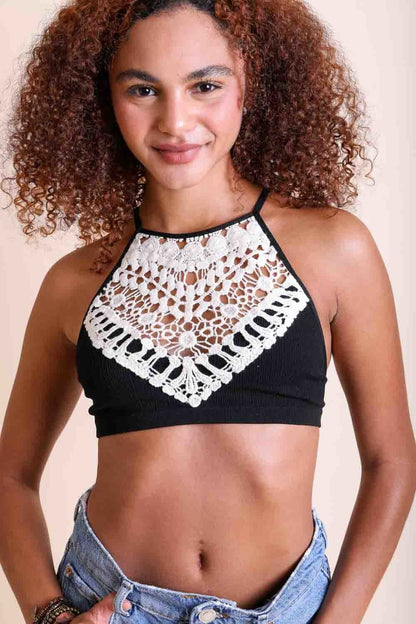High Neck Crochet Bralette in Black