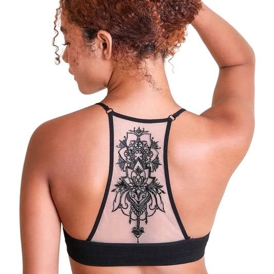 Tattoo Mesh Racerback Bralette in Black