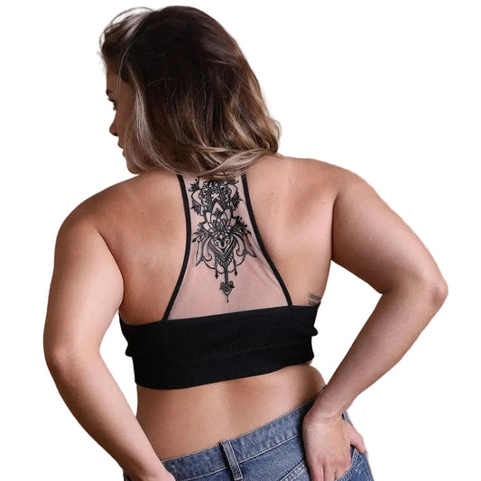 Tattoo Mesh Racerback Bralette in Black