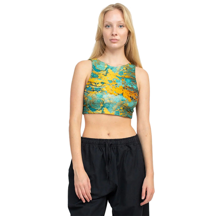 Psychedelic Marble Hi Neck Yoga Top in Turquoise SALE