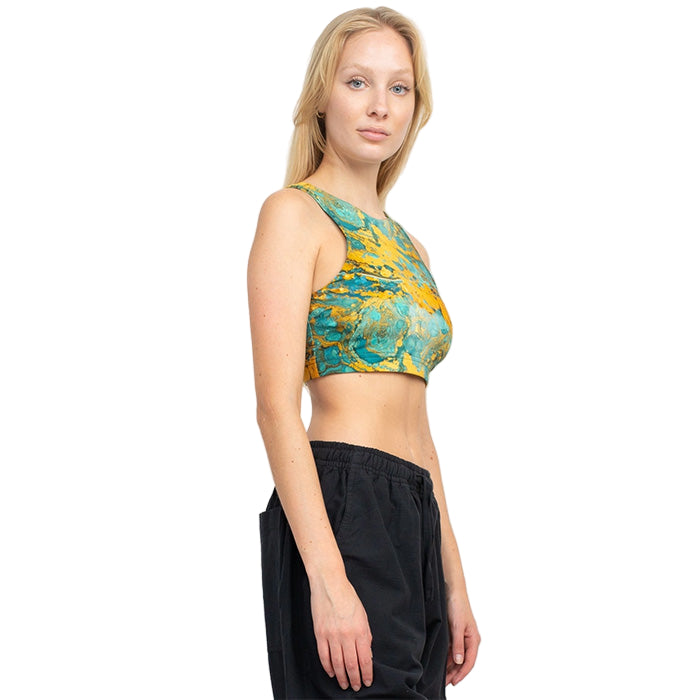 Psychedelic Marble Hi Neck Yoga Top in Turquoise