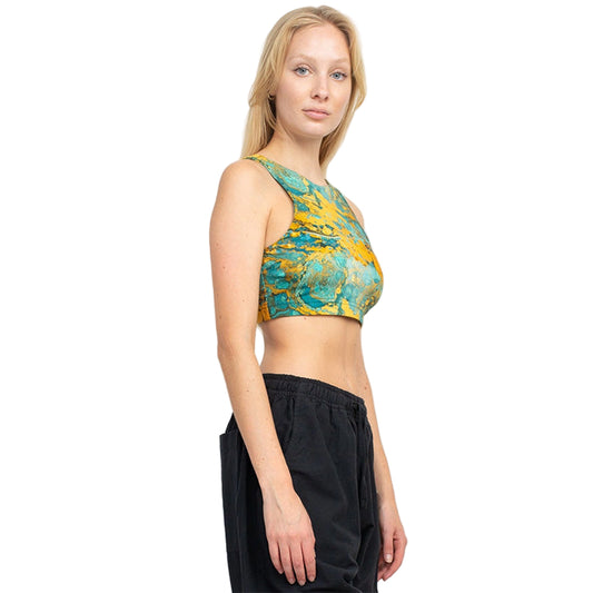 Psychedelic Marble Hi Neck Yoga Top in Turquoise