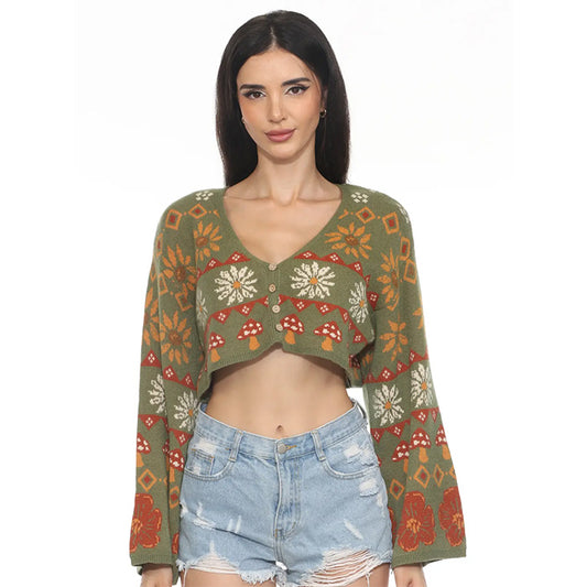 Fair Isle Mushroom Cropped Fit Boho Cardigan in Sage
