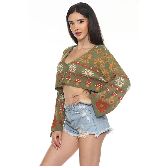 Fair Isle Mushroom Cropped Fit Boho Cardigan in Sage