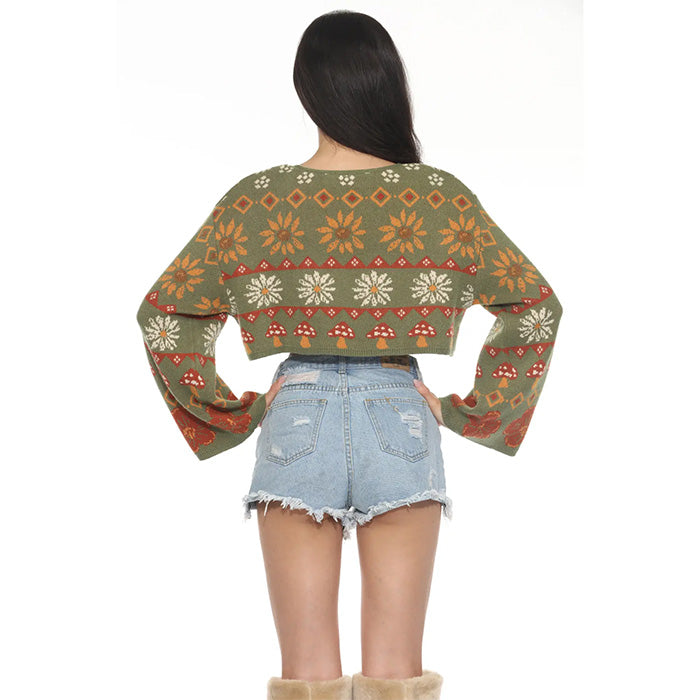 Fair Isle Mushroom Cropped Fit Boho Cardigan in Sage