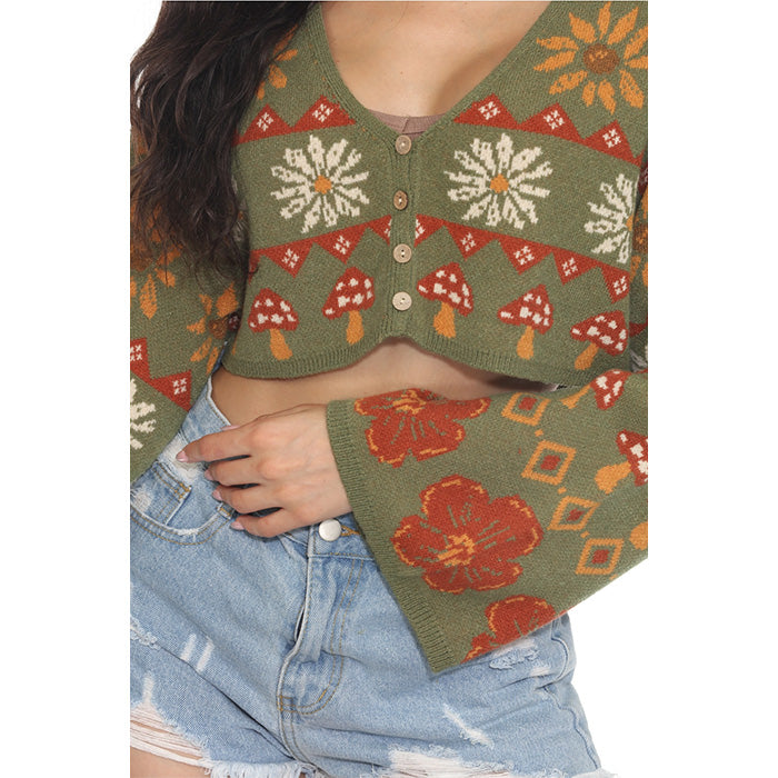 Fair Isle Mushroom Cropped Fit Boho Cardigan in Sage