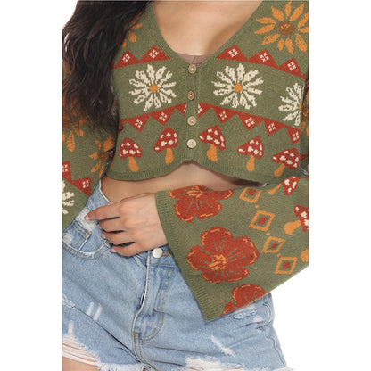 Fair Isle Mushroom Cropped Fit Boho Cardigan in Sage