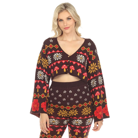 Fair Isle Mushroom Cropped Fit Boho Cardigan in Espresso