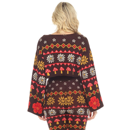 Fair Isle Mushroom Cropped Fit Boho Cardigan in Espresso