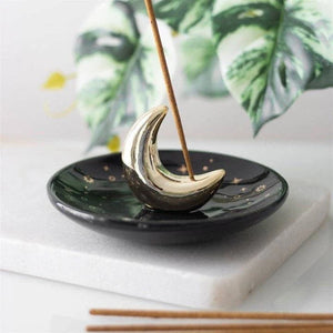 Crescent Moon Black & Gold Dish Ceramic Incense Burner