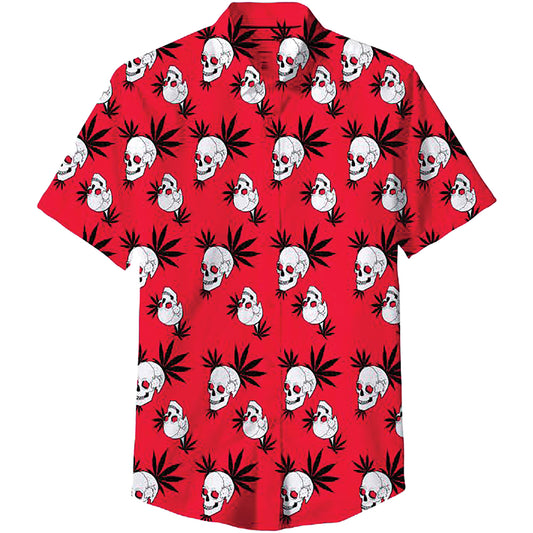 Happy Fumes Skull & Pot Leaf Red Short Sleeve Button Down Shirt