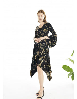 Tie Dye Bell Sleeve Asymmetric Midi Dress - Black and Bleach