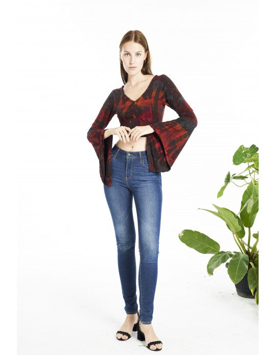 Tie Dye Long Bell Sleeve Crop Top with Lace up Back - Brown