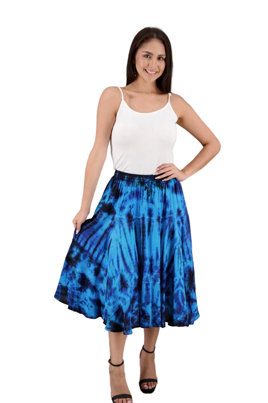Boho Tie Dyed Tiered Midi Skirt in Blue Tones
