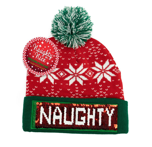 Holiday Naughty Or Nice Sequin Pom Hat SALE